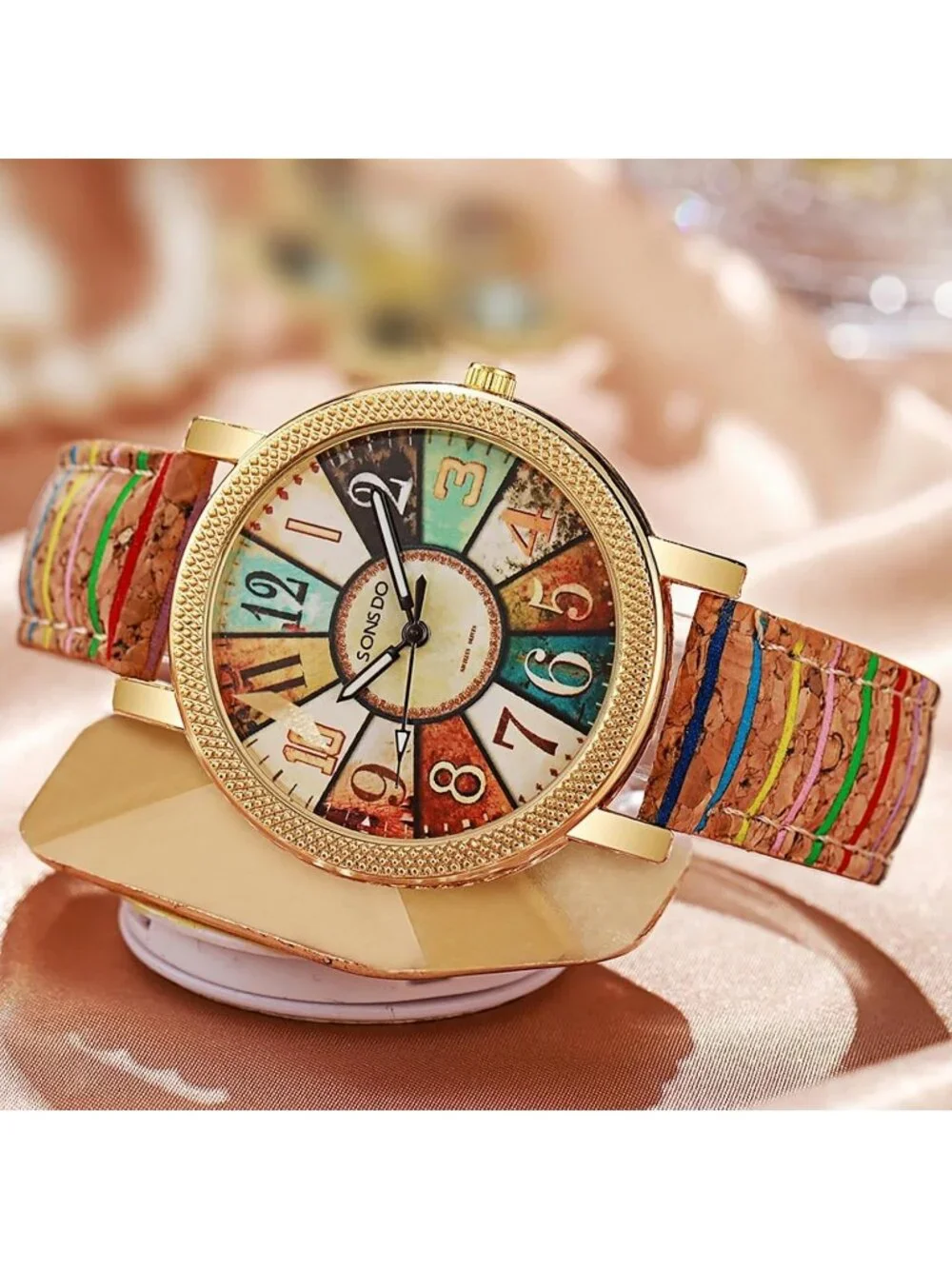 Women's Gold Creative Multicolor Woven Strap Fashion Rainbow Pattern Watches